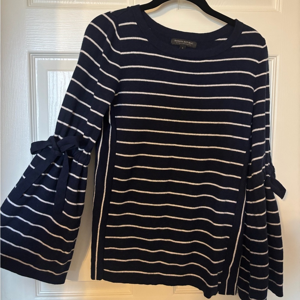 Banana Republic Navy and White Striped Blouse with Bow Accents